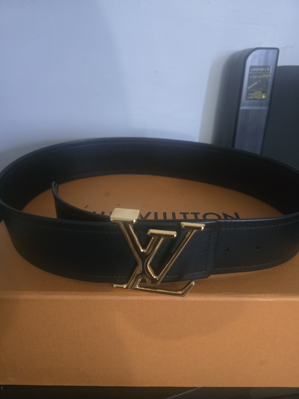 Louis Vuitton Women’s Black Leather Belt with Gold LV Buckle